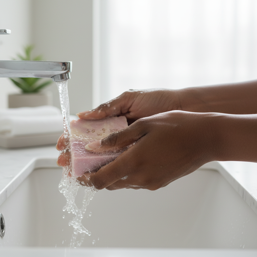 Black woman washing hands with raspberry white wine soap at sink