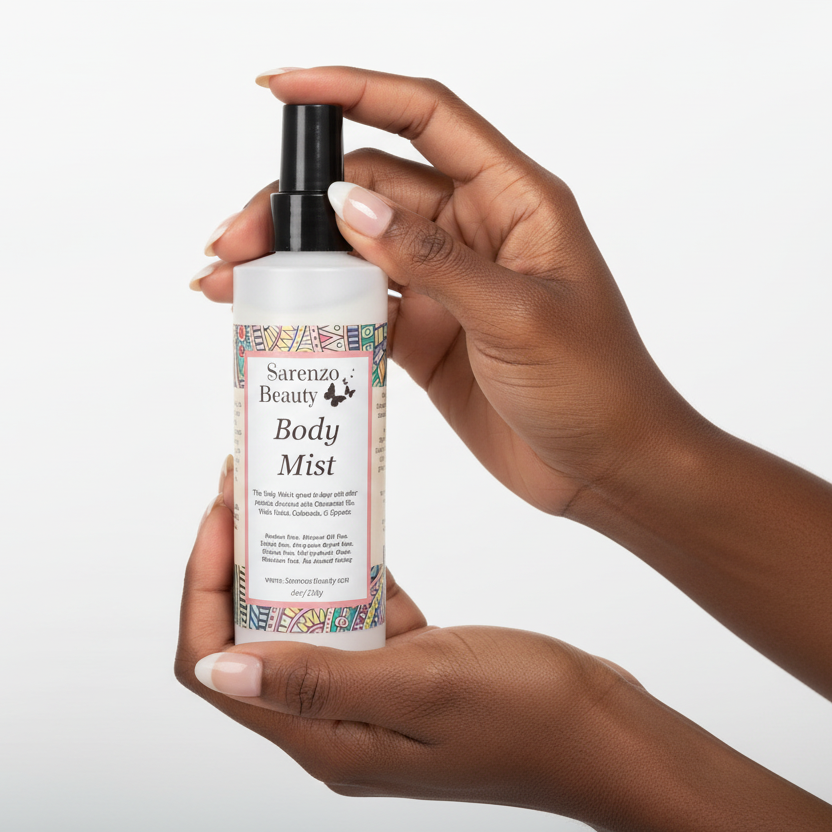 Black woman's hands holding body mist