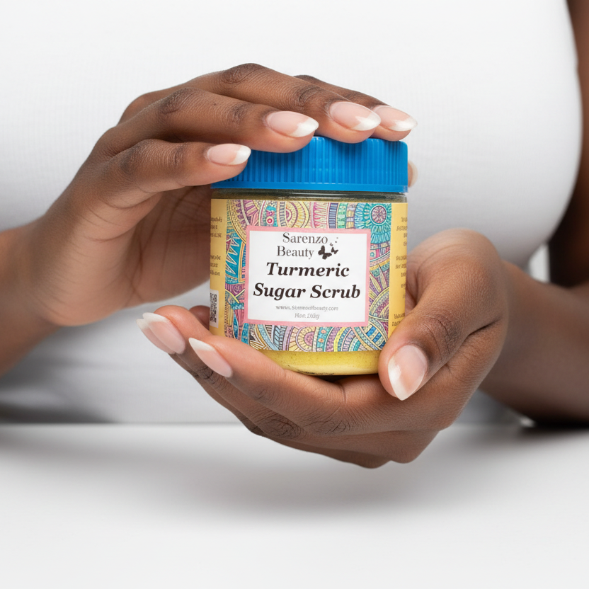 Black woman's hands holding turmeric scrub