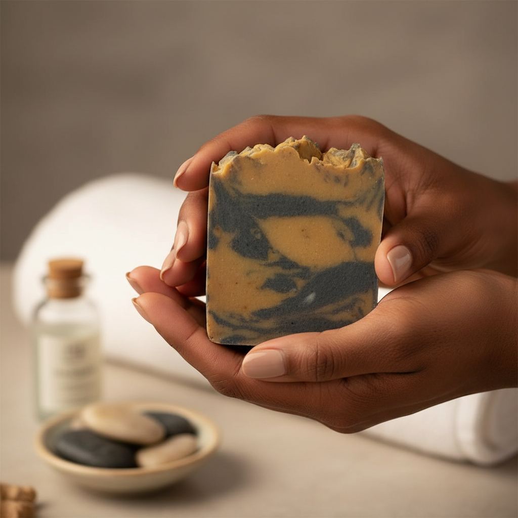 Charcoal Turmeric Soap in Hands