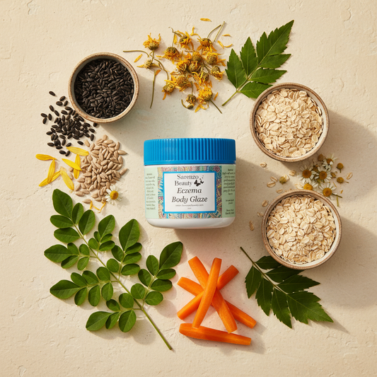 Eczema Body Glaze Cream Background with Ingredients