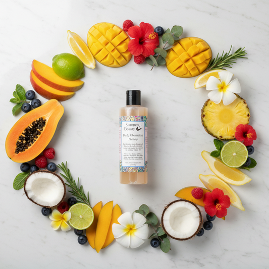 Fruity body cleansing honey ingredients flat lay