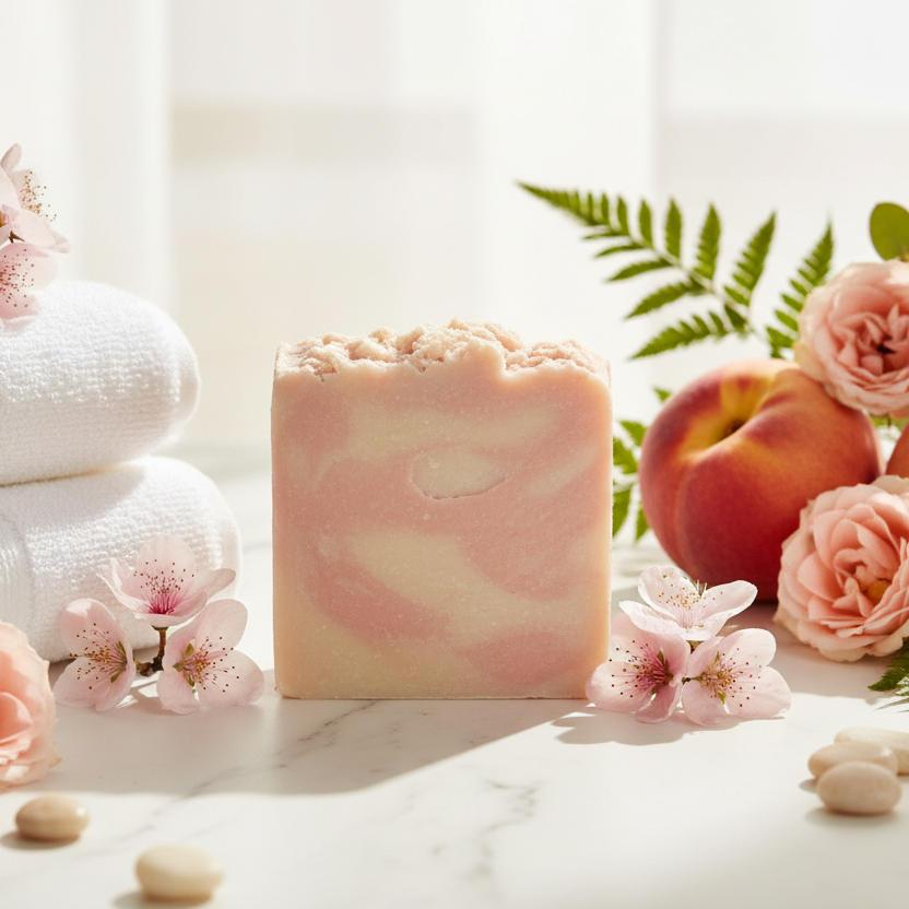 Marble with fresh peaches and blossoms