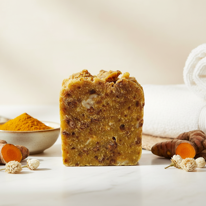 Marble with turmeric root and powder