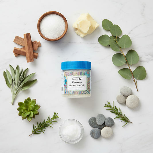 Men's unisex sugar scrub ingredients flat lay