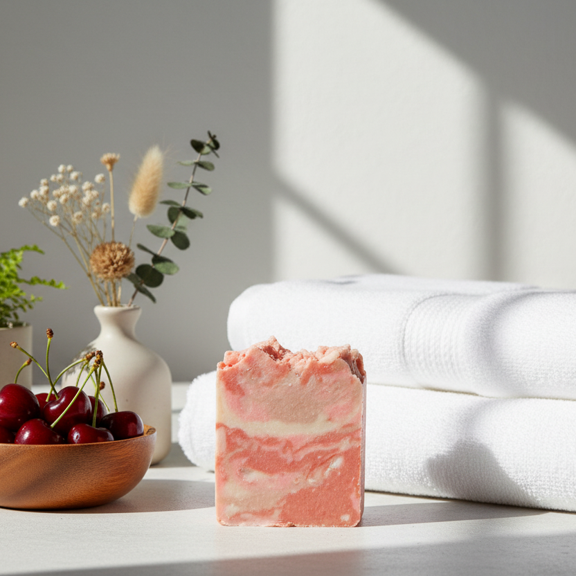 Minimalist concrete with cherries and greenery