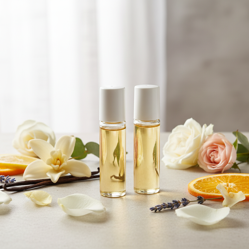 Minimalist concrete with flowers and perfume elements