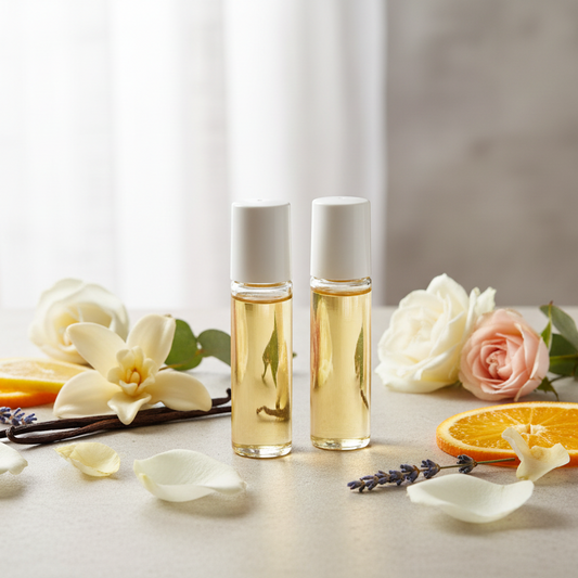 Minimalist concrete with flowers and perfume elements