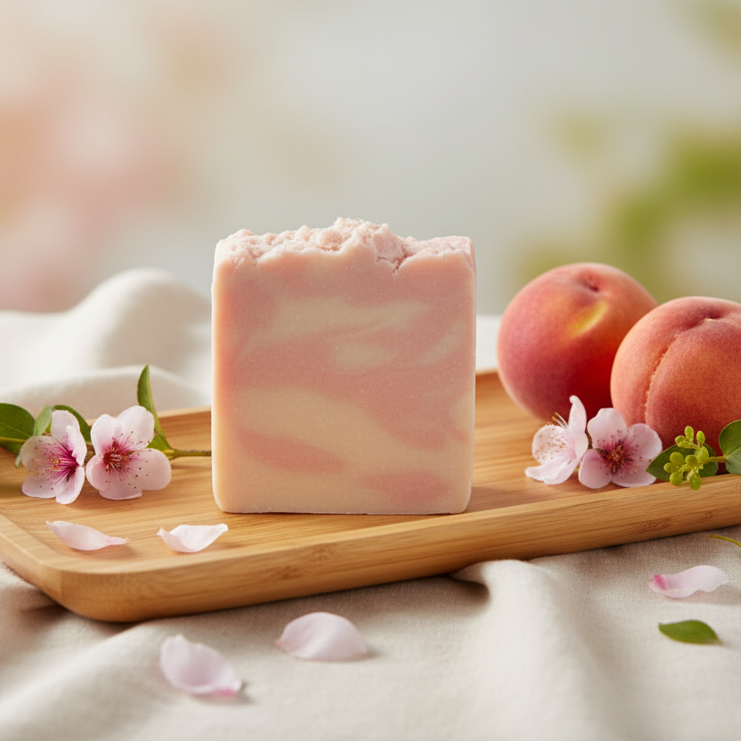 Natural wood with fresh peaches