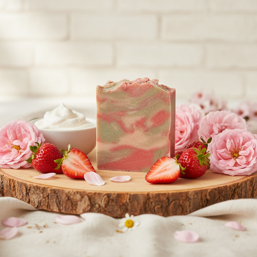 Natural wood with strawberries and cream