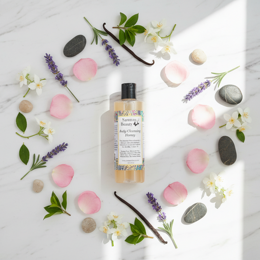 Perfume body cleansing honey ingredients flat lay