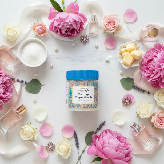 Perfume sugar scrub ingredients flat lay