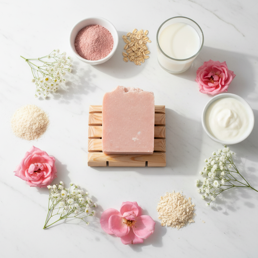 Pink soap ingredients flat lay