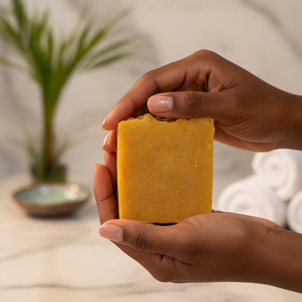 Turmeric Bar Soap in Black Woman's Hands